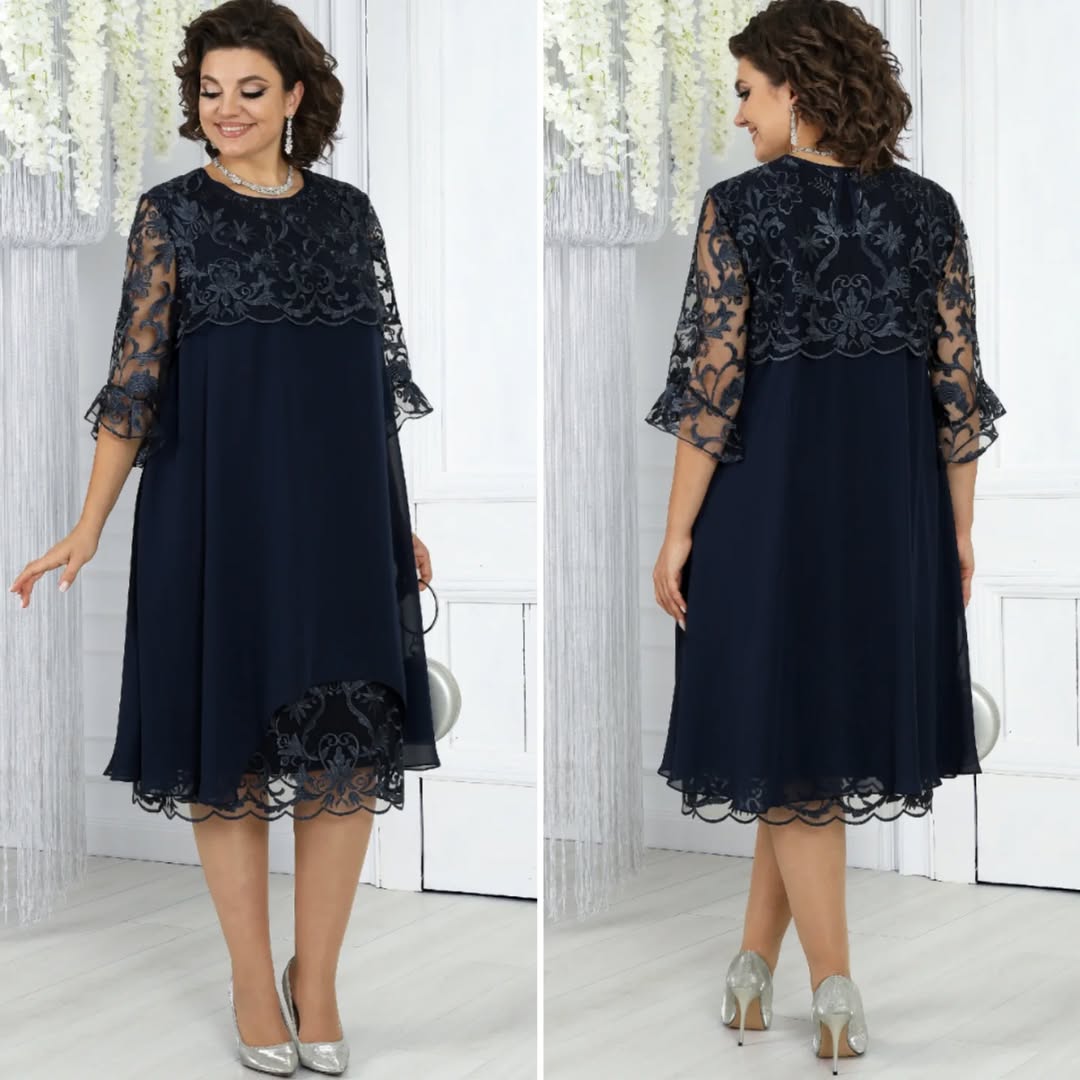 LIVIA | Women’s Embroidered Patchwork Chiffon Dress Round Neckline
