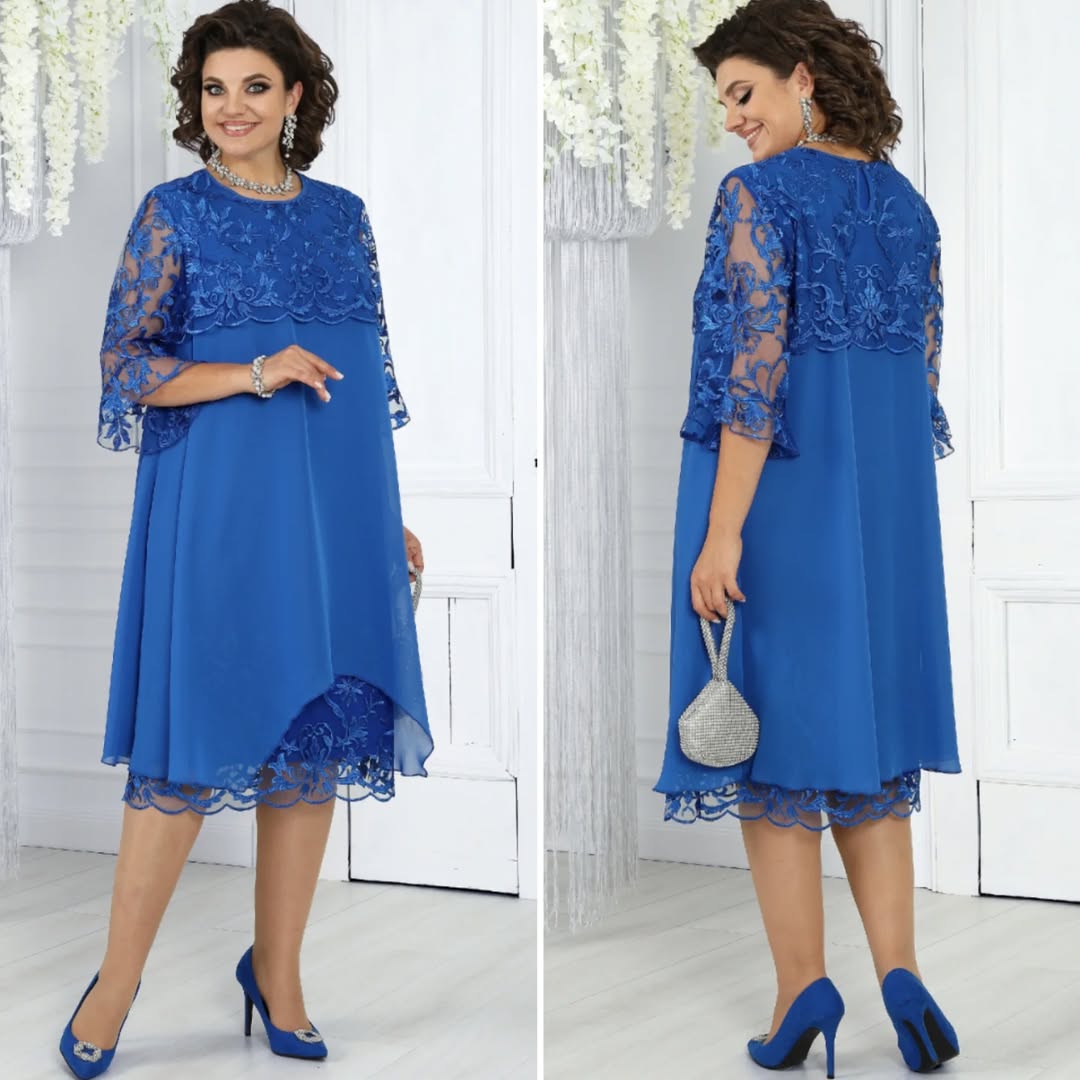 LIVIA | Women’s Embroidered Patchwork Chiffon Dress Round Neckline