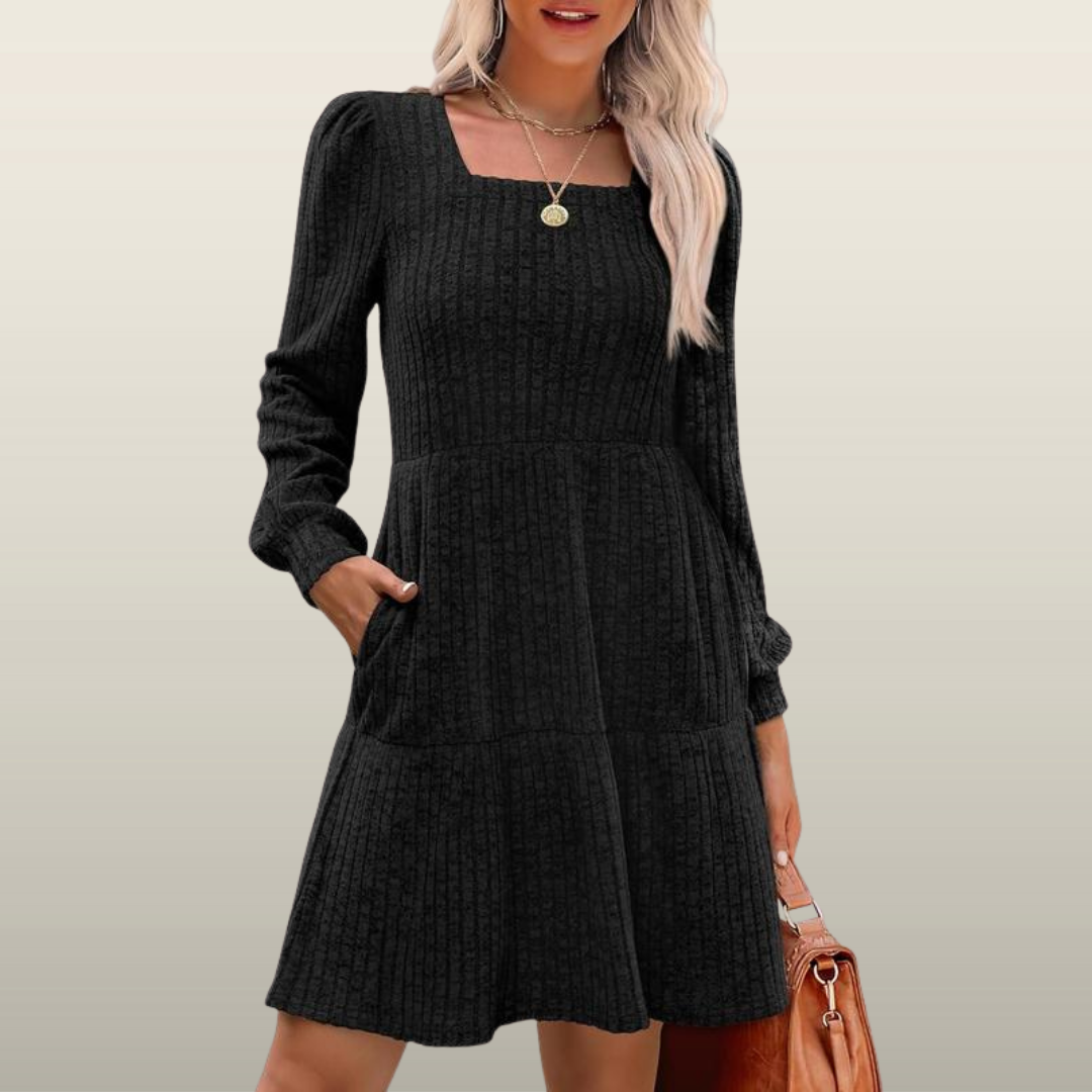ELIZA™ - Cozy Square Neck Long Sleeve Babydoll Sweater Dress