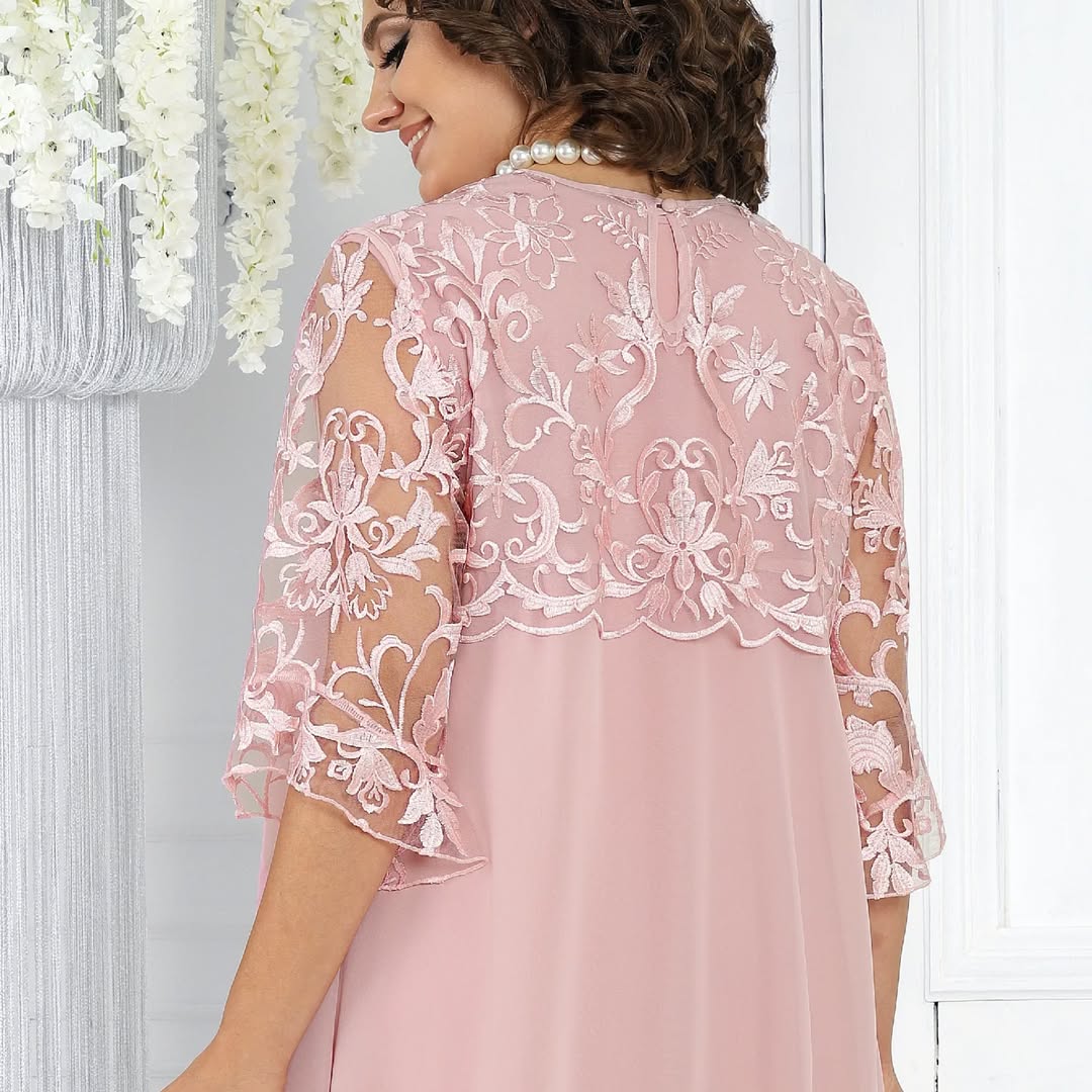 LIVIA | Women’s Embroidered Patchwork Chiffon Dress Round Neckline