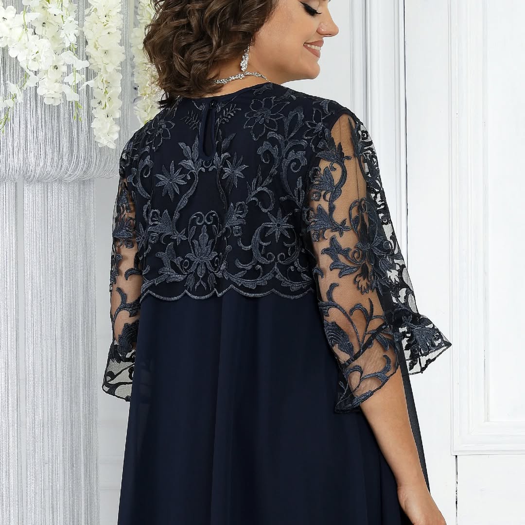 LIVIA | Women’s Embroidered Patchwork Chiffon Dress Round Neckline
