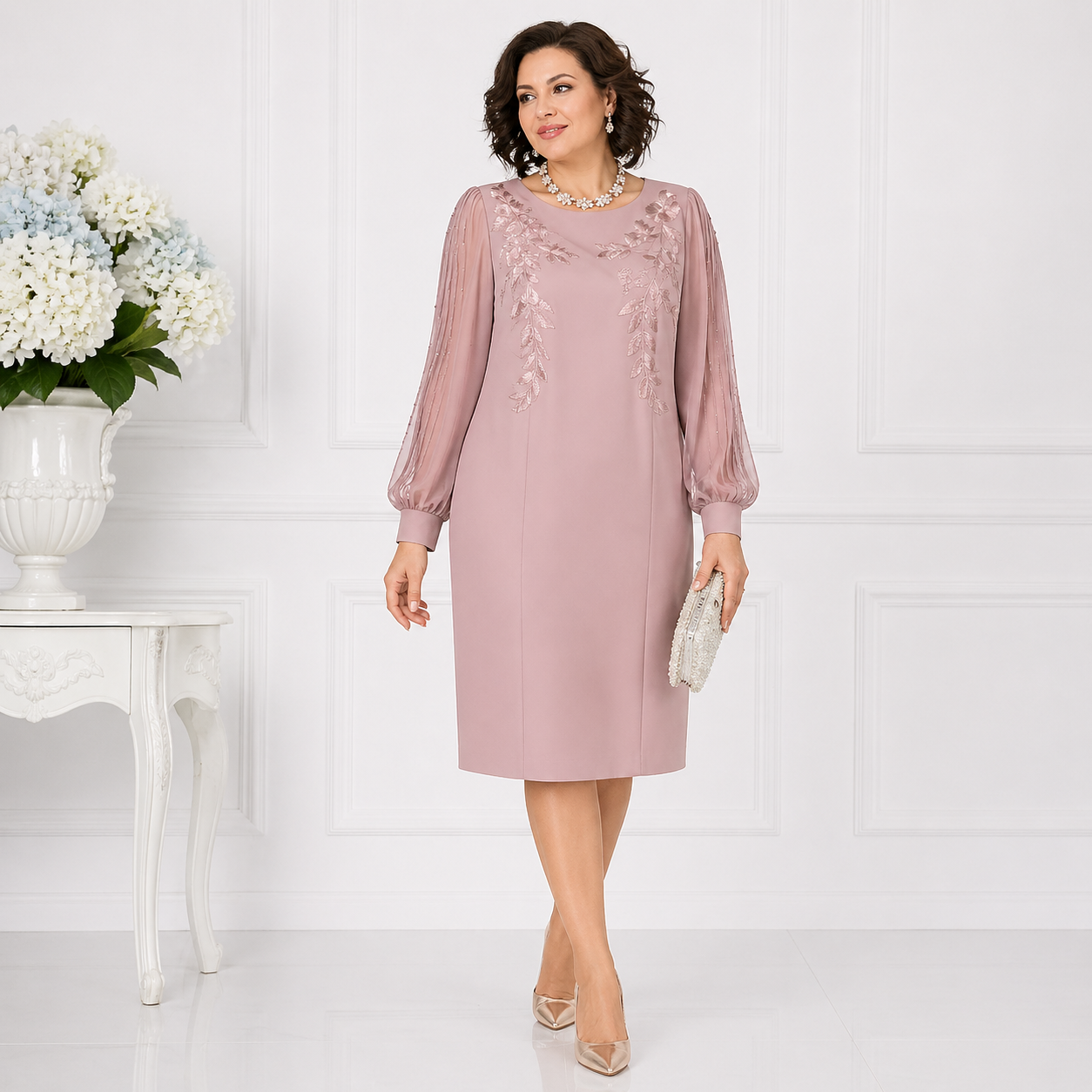 Helena | Elegant Knee-Length Dress with Sheer Sleeves