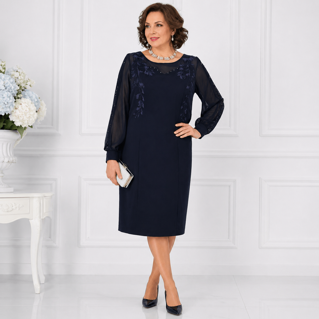 Helena | Elegant Knee-Length Dress with Sheer Sleeves