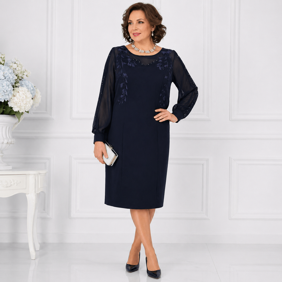 Helena | Elegant Knee-Length Dress with Sheer Sleeves