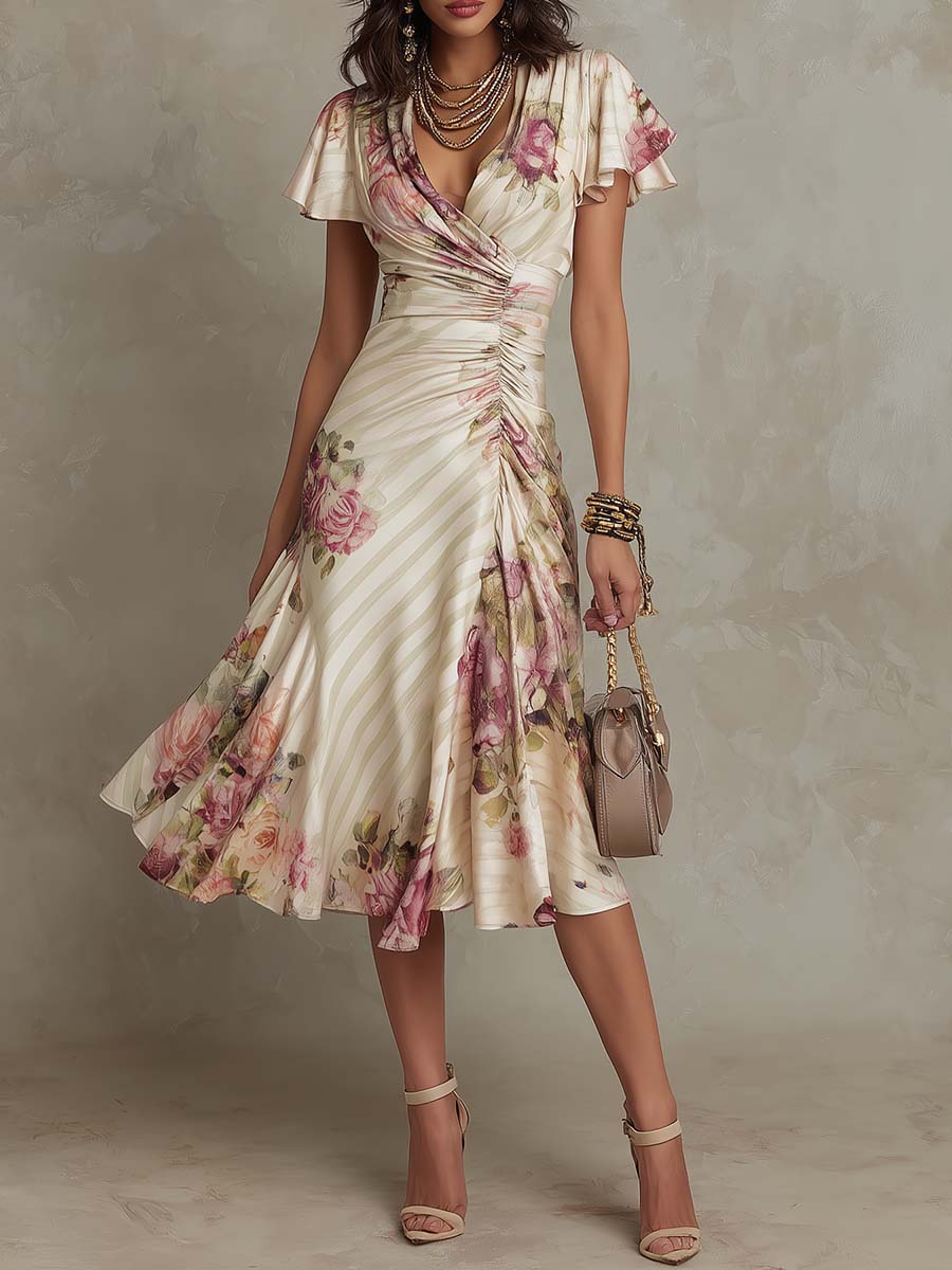 ALBA™ | Elegant Retro Satin Midi Dress with Floral Print