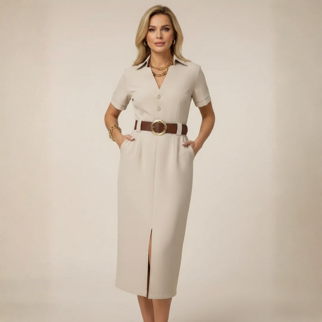 NADINE | Elegant Tailored Midi Dress with Belt and Front Slit