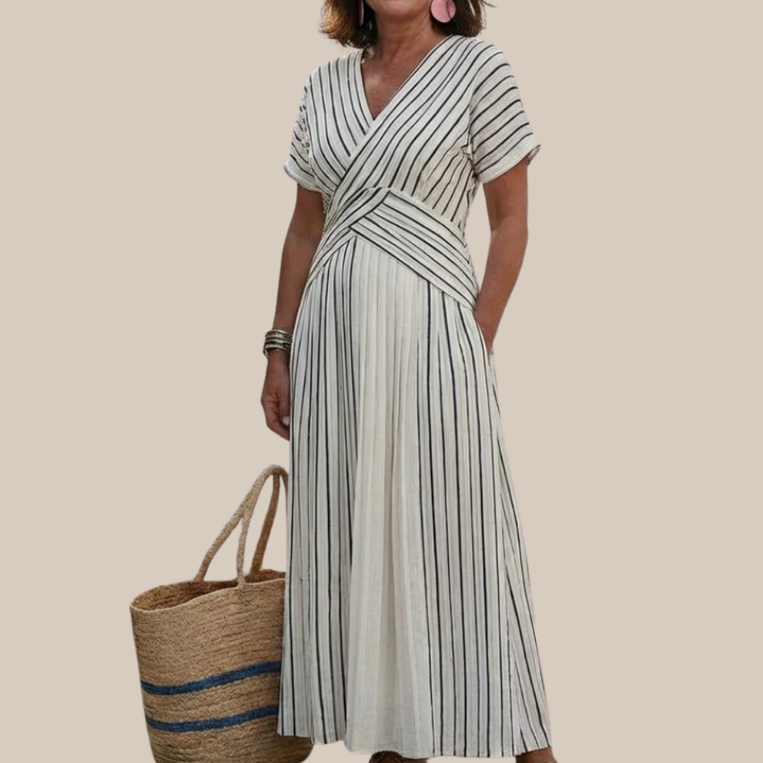 CRESSIDA™ | V Neck Short Sleeve Cross Waist Midi Dress