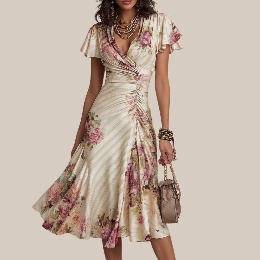ALBA™ | Elegant Retro Satin Midi Dress with Floral Print