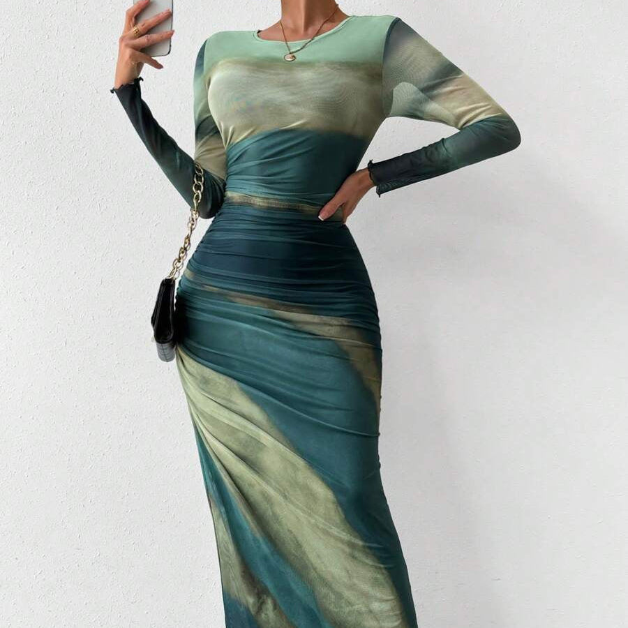 JULIA™ - Comfy Printed Long Sleeve Round Neck Bodycon Maxi Dress