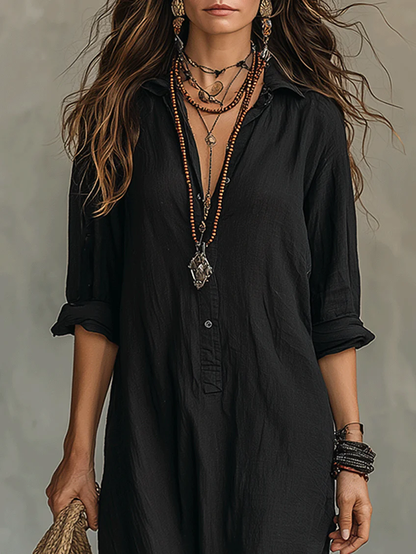 SOLINE™ | Loose Black Maxi Dress with Buttons