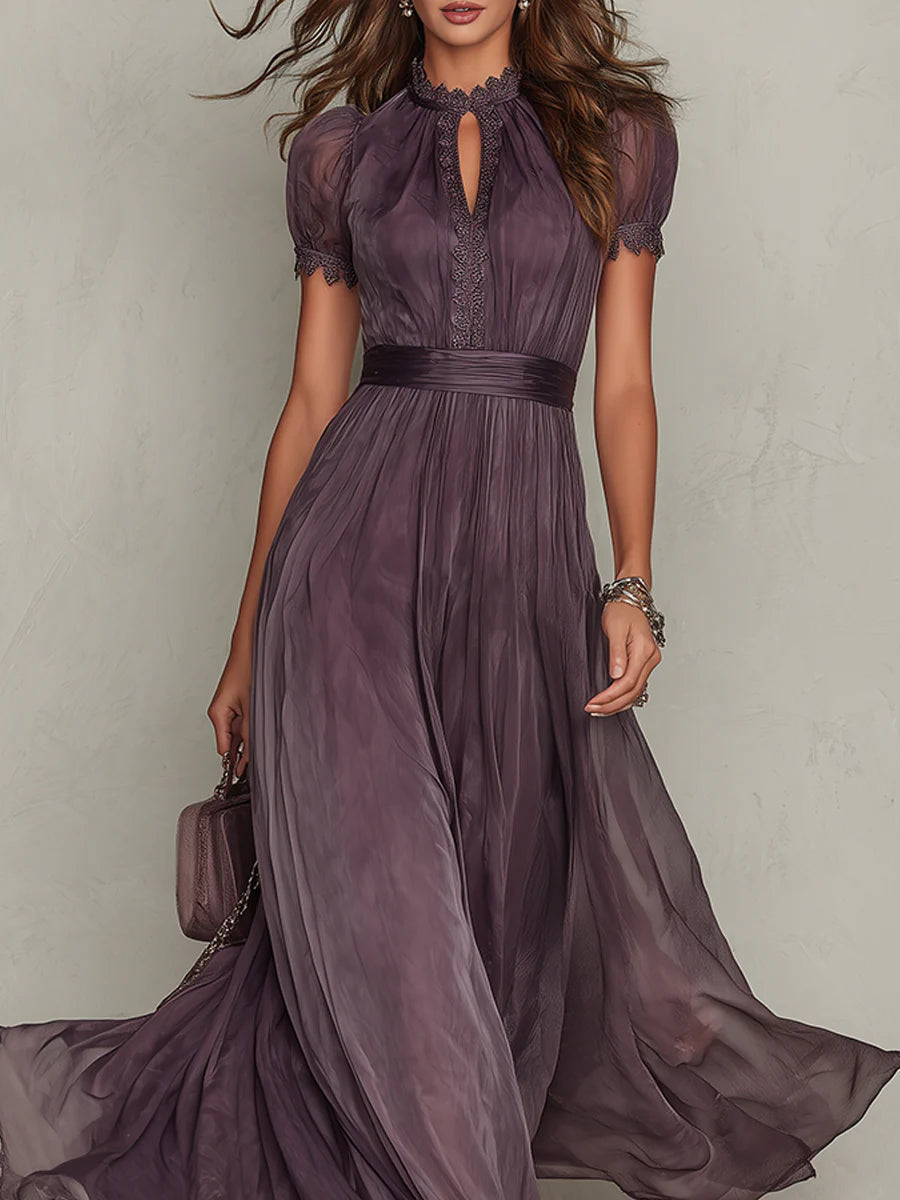FLAVIA | Long Purple Dress Keyhole Neckline Chiffon Lace Trim
