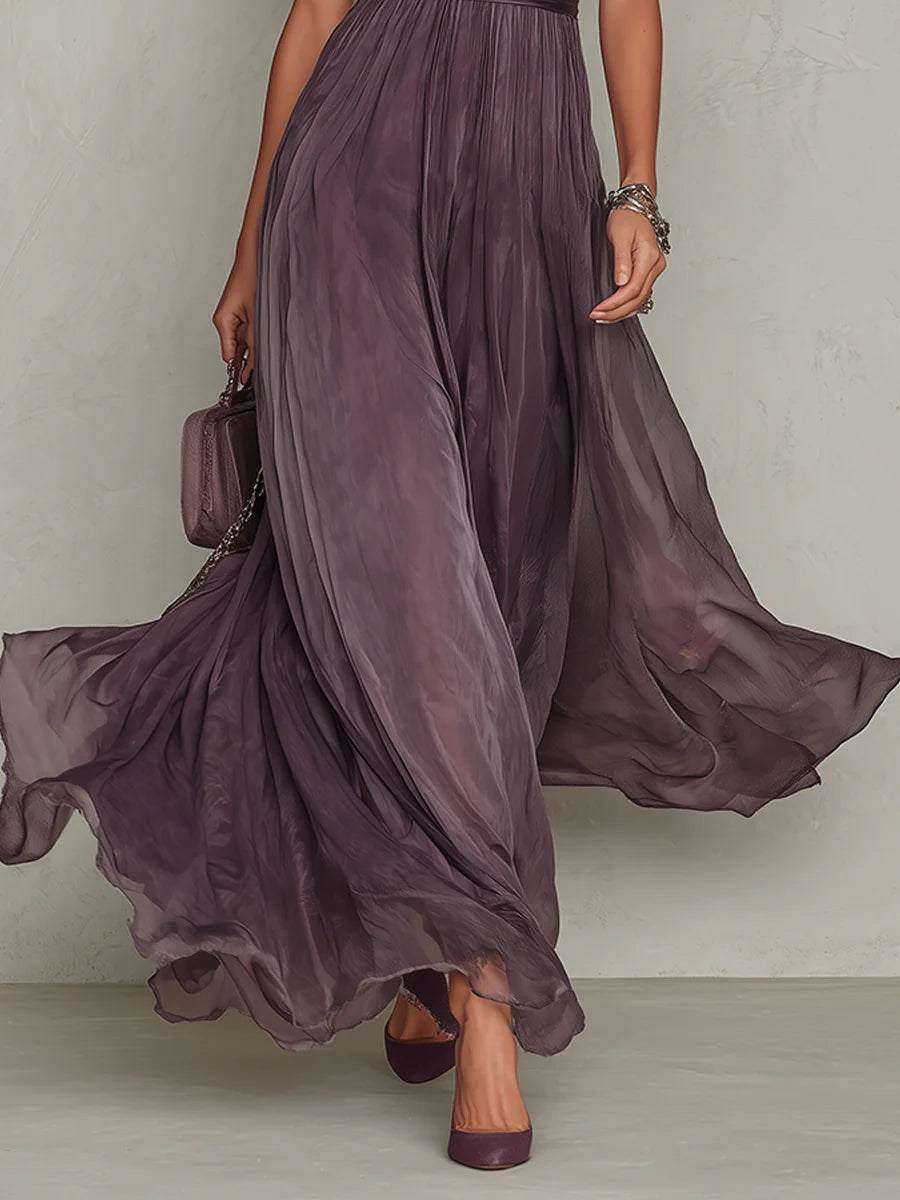 FLAVIA | Long Purple Dress Keyhole Neckline Chiffon Lace Trim