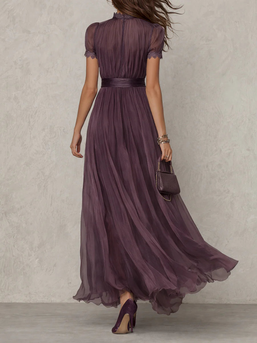 FLAVIA | Long Purple Dress Keyhole Neckline Chiffon Lace Trim