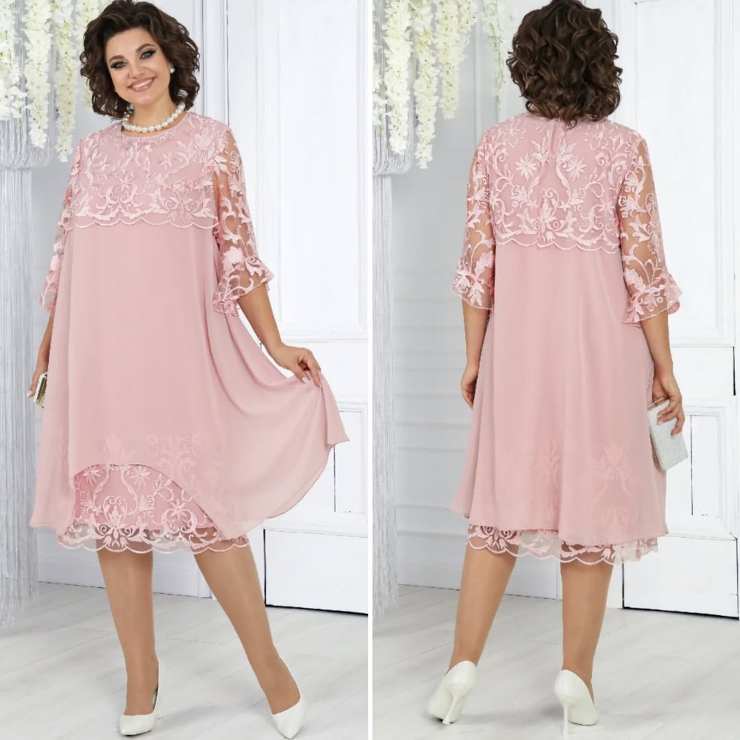 LIVIA | Women’s Embroidered Patchwork Chiffon Dress Round Neckline