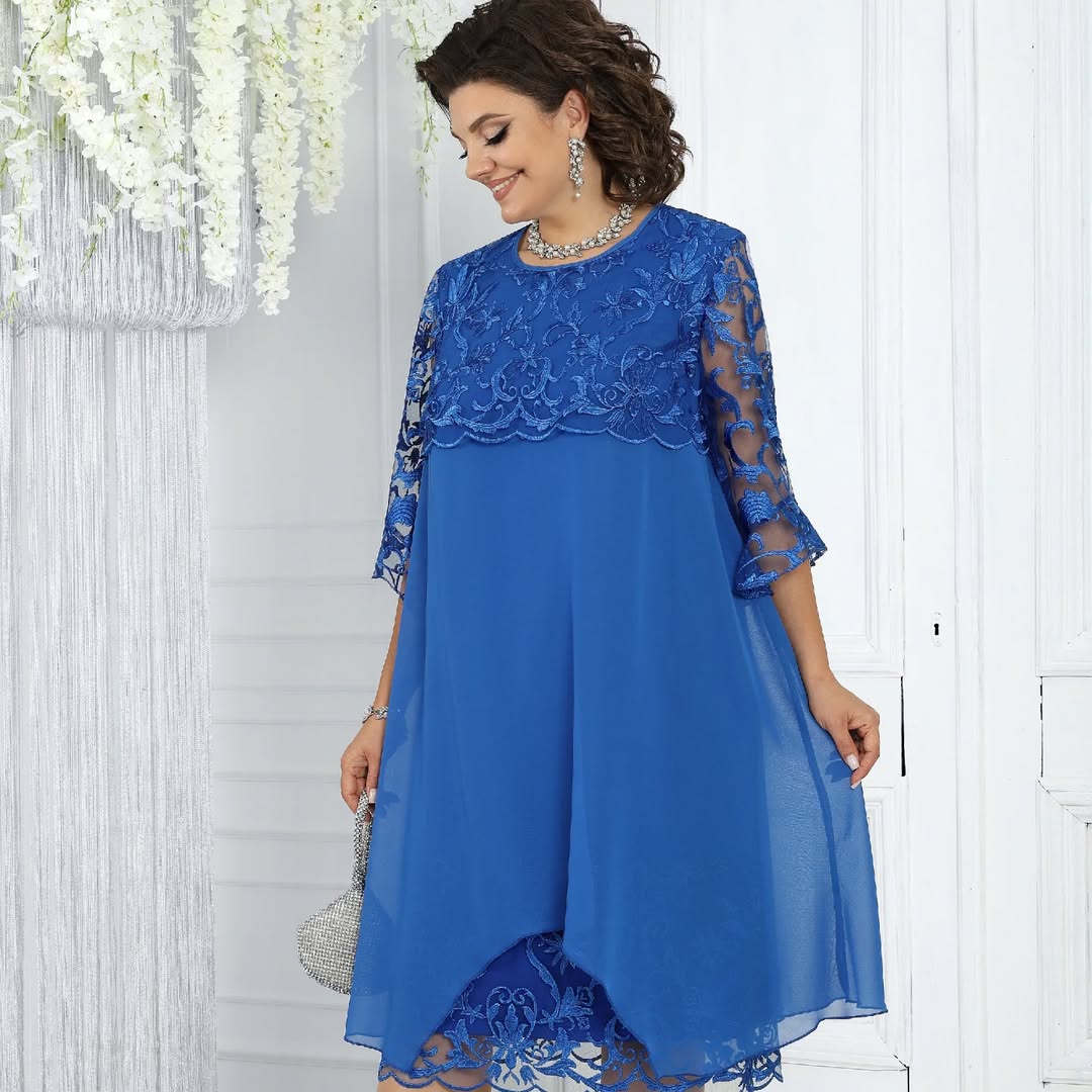 LIVIA | Women’s Embroidered Patchwork Chiffon Dress Round Neckline