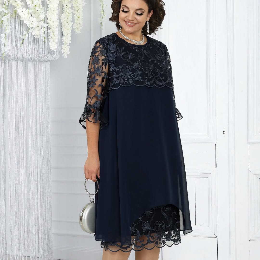 LIVIA | Women’s Embroidered Patchwork Chiffon Dress Round Neckline