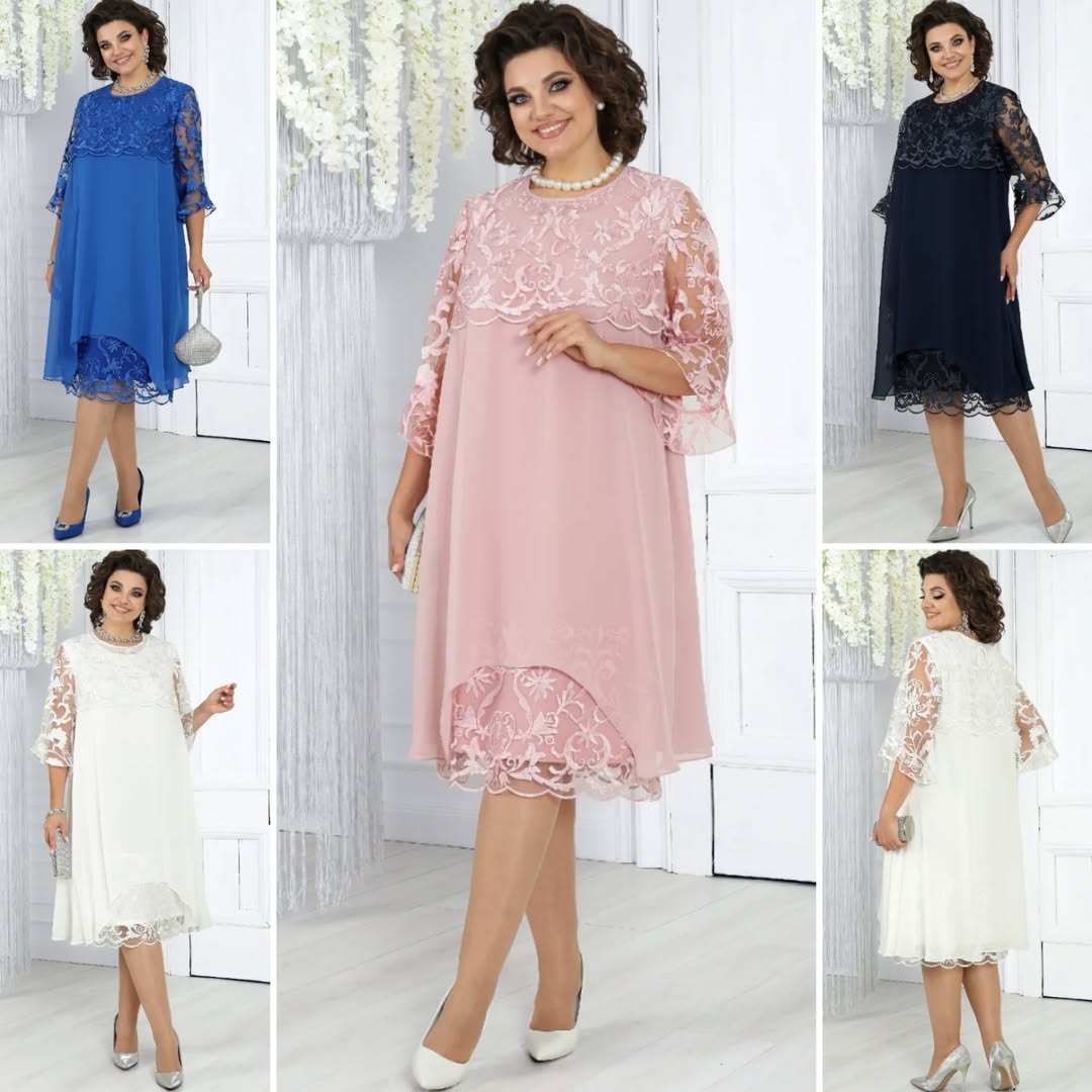 LIVIA | Women’s Embroidered Patchwork Chiffon Dress Round Neckline
