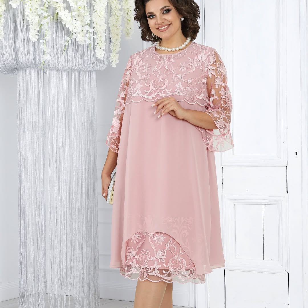 LIVIA | Women’s Embroidered Patchwork Chiffon Dress Round Neckline
