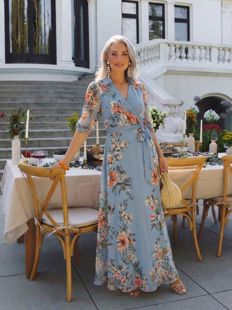 ELOWEN™ | Floral Wrap V Neck Maxi Dress
