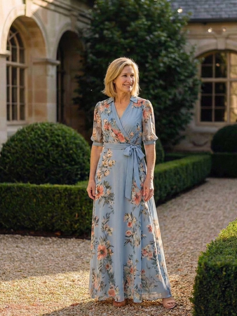 ELOWEN™ | Floral Wrap V Neck Maxi Dress
