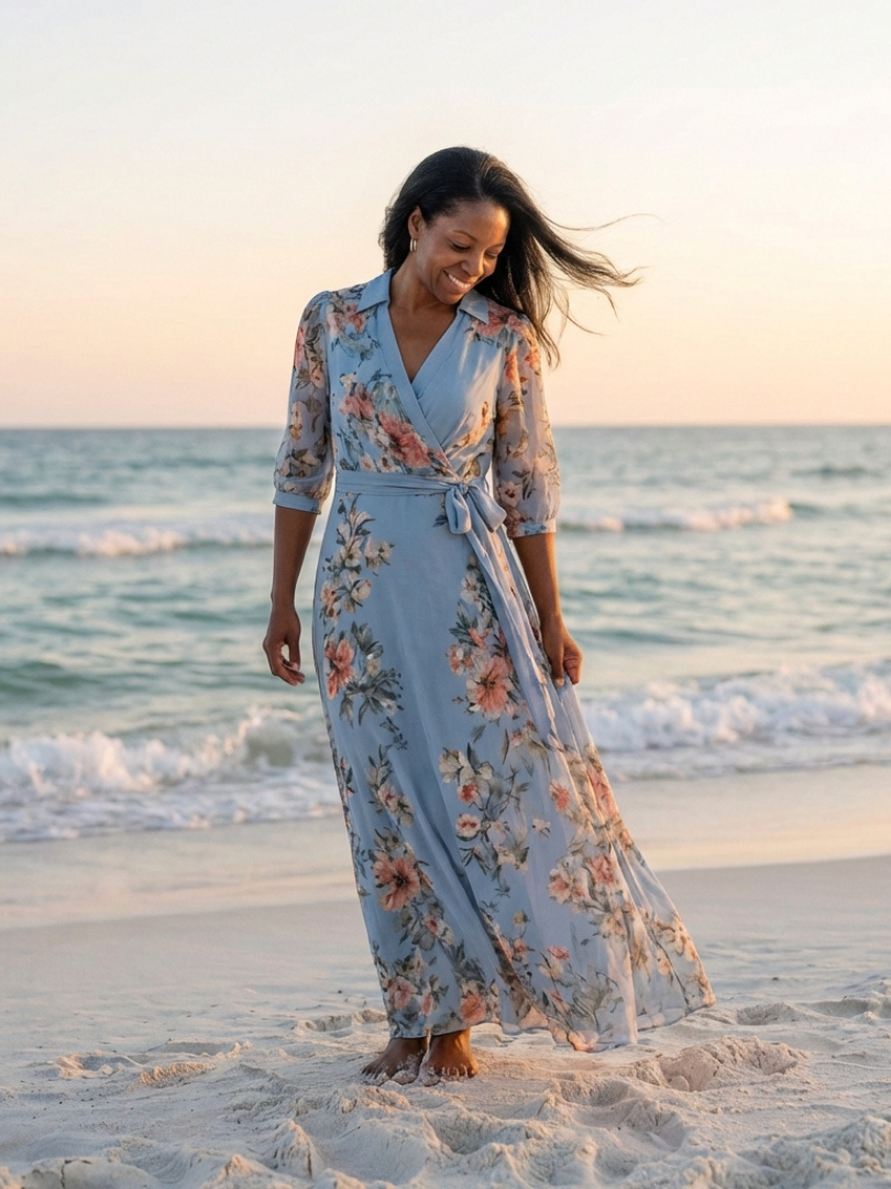 ELOWEN™ | Floral Wrap V Neck Maxi Dress